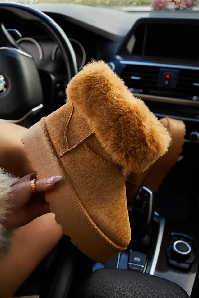 Miss Lola | Morning Coffee Camel Faux Fur Platform Booties | MISS LOLA