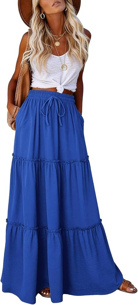 Younrui Maxi Skirts for Women 2026 Casual Elastic High Waist Tie Flowy Tiered Ruffled Long Skirt ... | Amazon (US)