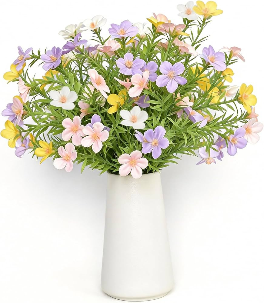 Artificial Gypsophila Baby's Breath Flowers in 6 Inch White Ceramic Vase with Faux Cosmos Arrange... | Amazon (US)