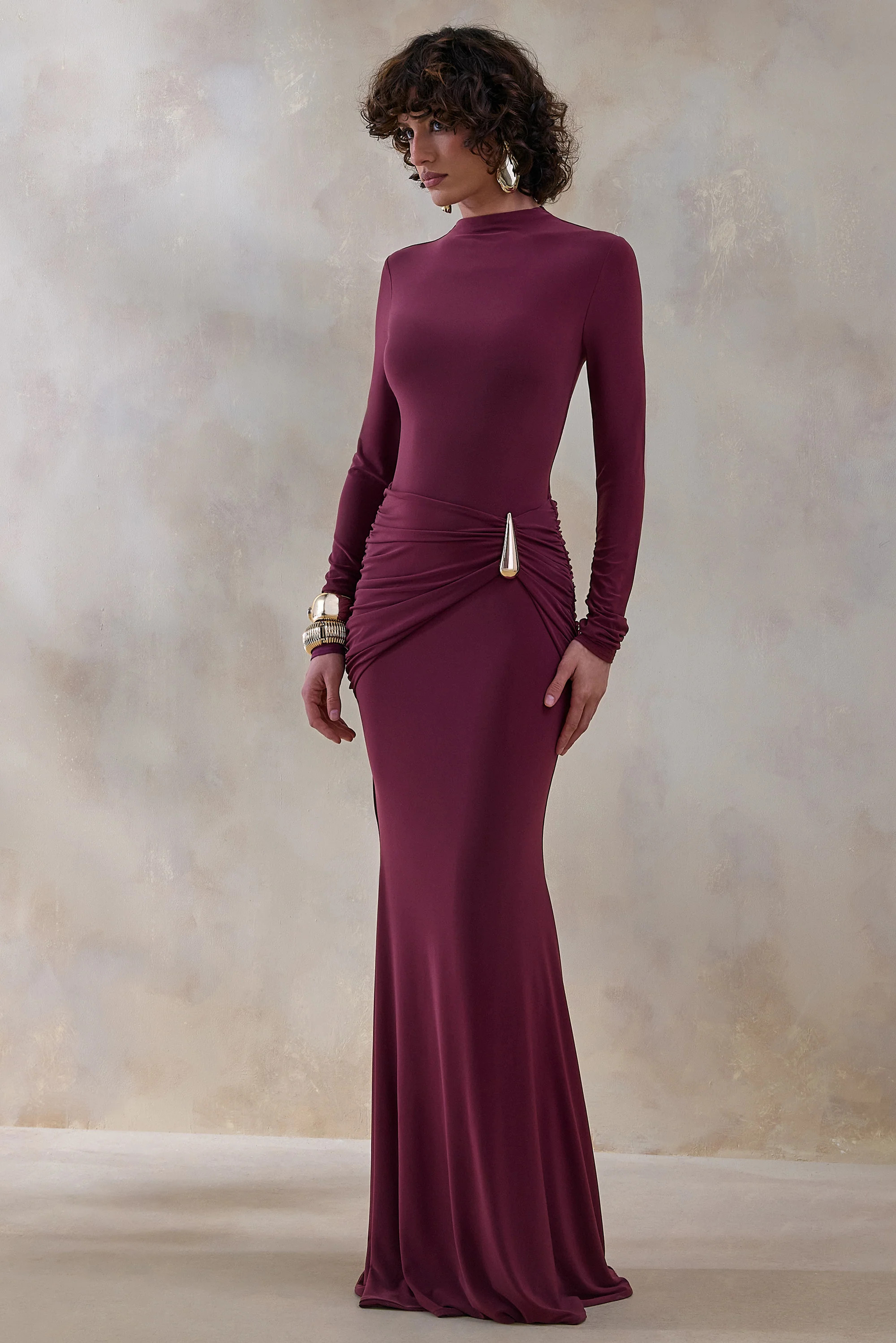 Solarium | Burgundy Long-Sleeve Maxi Dress With Gold Detail | Club L London