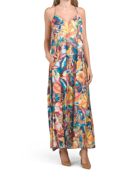 Satin Abstract Floral Maxi Dress With Pockets | TJ Maxx