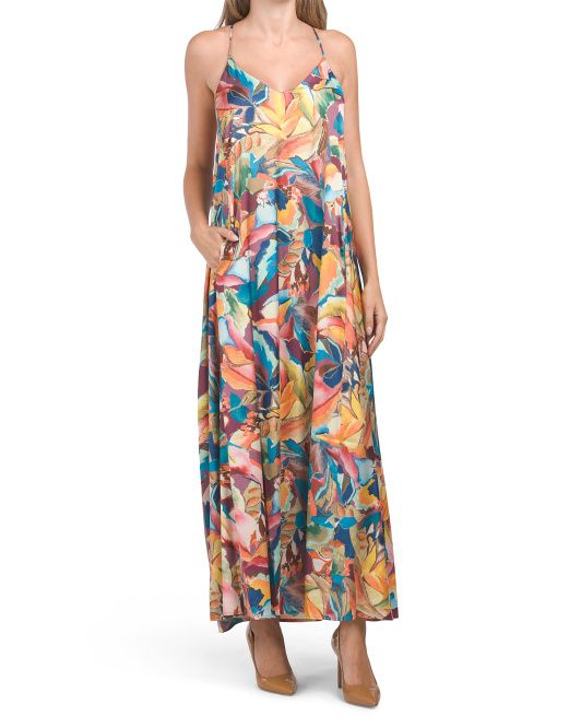 Satin Abstract Floral Maxi Dress With Pockets | TJ Maxx