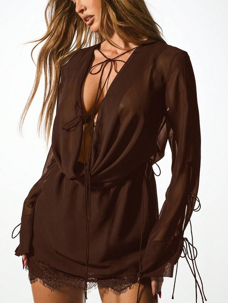 Vestido gasa marrón bajo encaje  | SHEIN