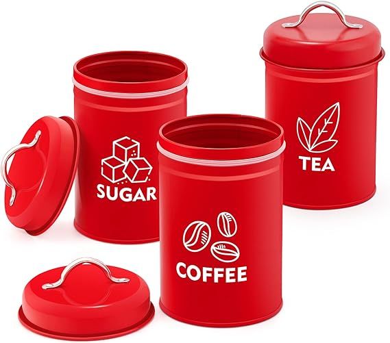 TeamFar Red Kitchen Canisters Set of 3, Coffee Sugar Tea Canister Sets for Kitchen Counter, Metal... | Amazon (US)