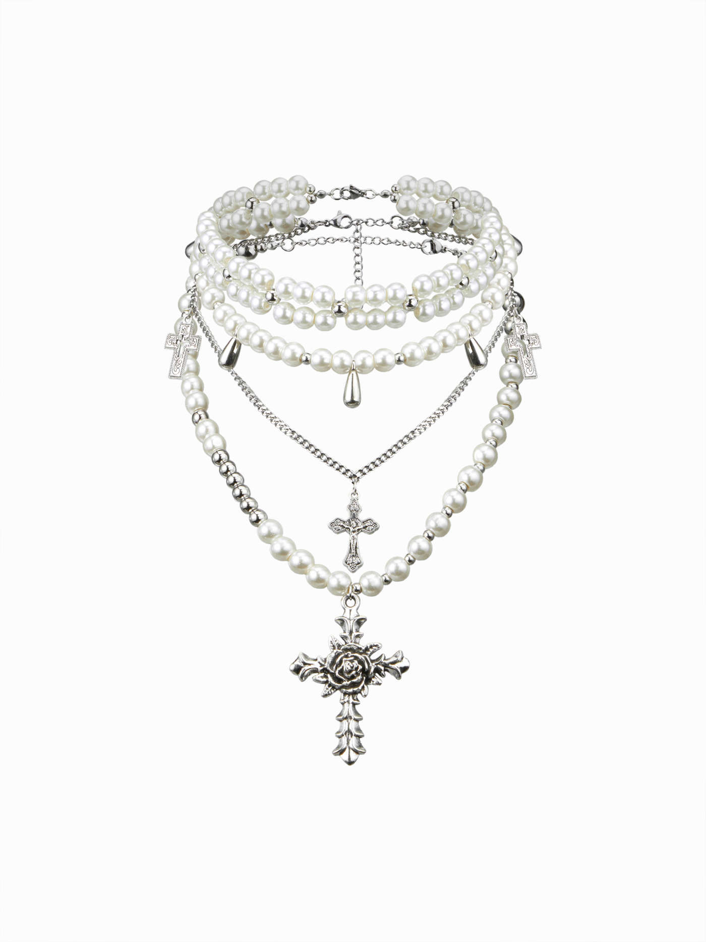 ENGRAVED CROSS & FAUX PEARL LAYERED NECKLACE | Cider