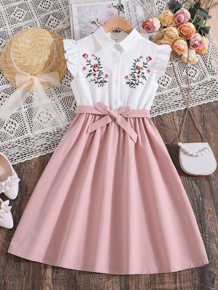 Tween Girl Floral Embroidery Ruffle Trim Belted Shirt Dress | SHEIN