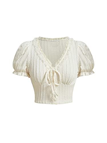 Verdusa Women's Knot Front Lace Trim Puff Sleeve V Neck Crop Tee Shirt Top | Amazon (US)