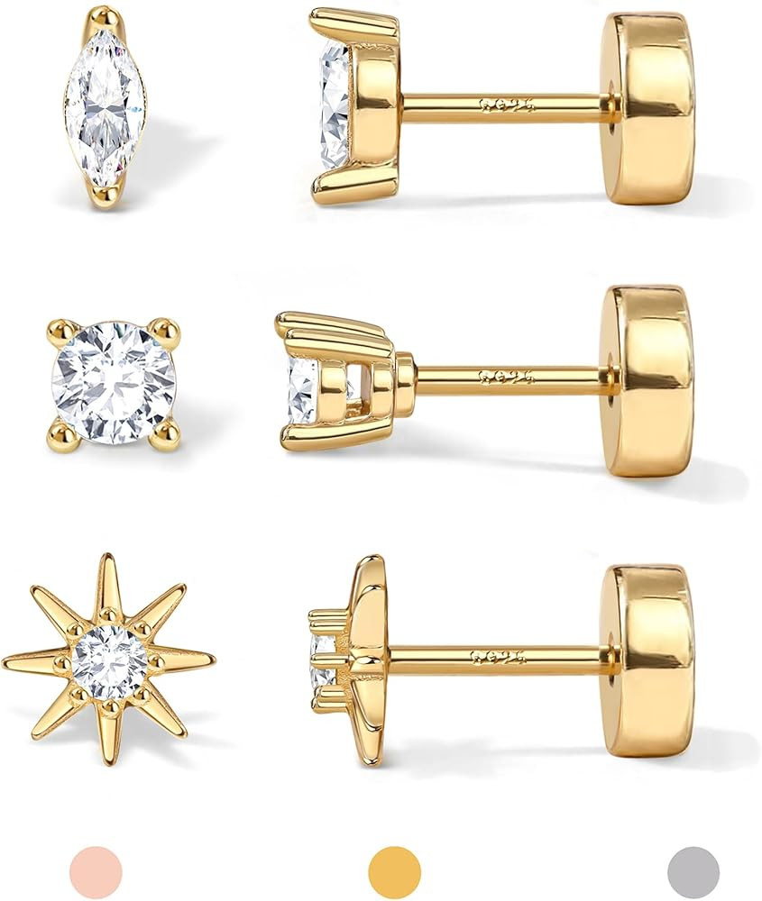 14K Gold Plated Solid 925 Sterling Silver Post Flat Back Earrings Stud | Cartilage Helix Conch Tr... | Amazon (US)