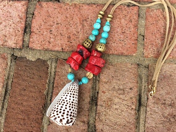 Red coral turquoise and cone shell necklace | Etsy | Etsy (US)