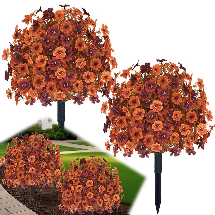 Set of 2 Fall Artificial Mums Flowers Boxwood Topiary Ball Bush with Ground Spike, 23" UV Resista... | Amazon (US)