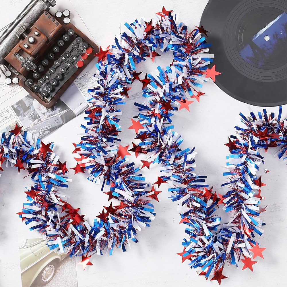 50 Feet Patriotic Tinsel Garland 4th of July Tinsel Garland Decoration Star Red White Blue Garlan... | Amazon (US)