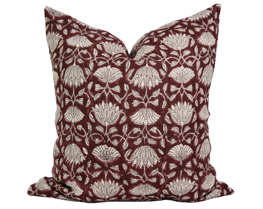 Floral Block Print Pillow Cover, Maroon Pillows, Farmhouse Covers, Dark Toned Throws, Block Print... | Etsy (US)