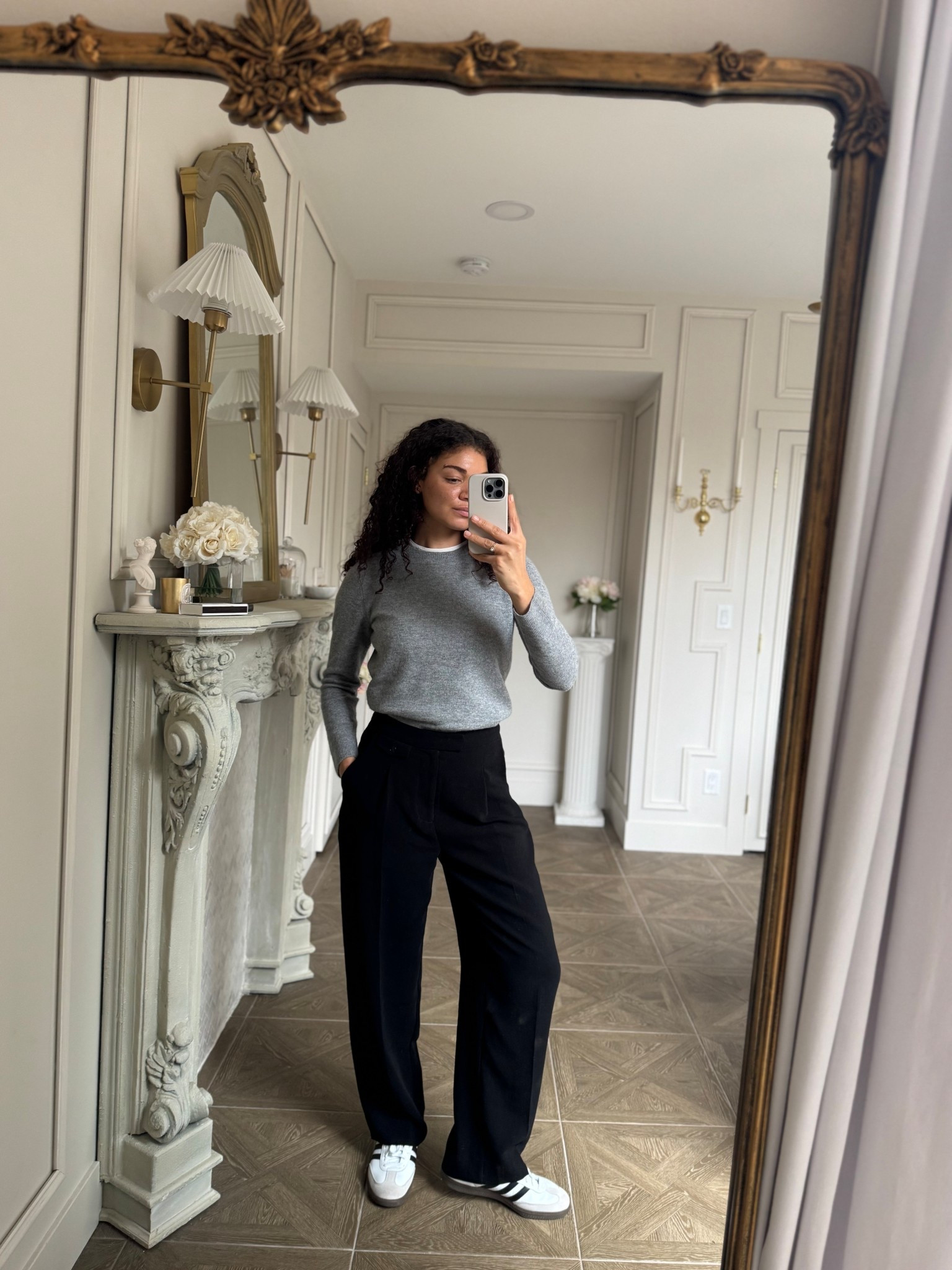 Casual chic outfit with cashmere sweater, black pants, and adidas samba sneakers 

#LTKootd