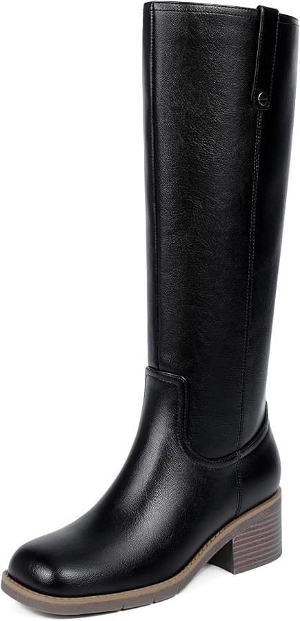 Knee High Chunky Heel Square Toe Metal Rivet Pull Tab Riding Boots | Amazon (US)