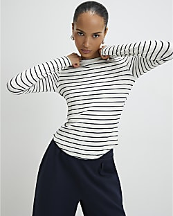 White Long Sleeve Ribbed Crew Neck Stripe Top | River Island UK & IE