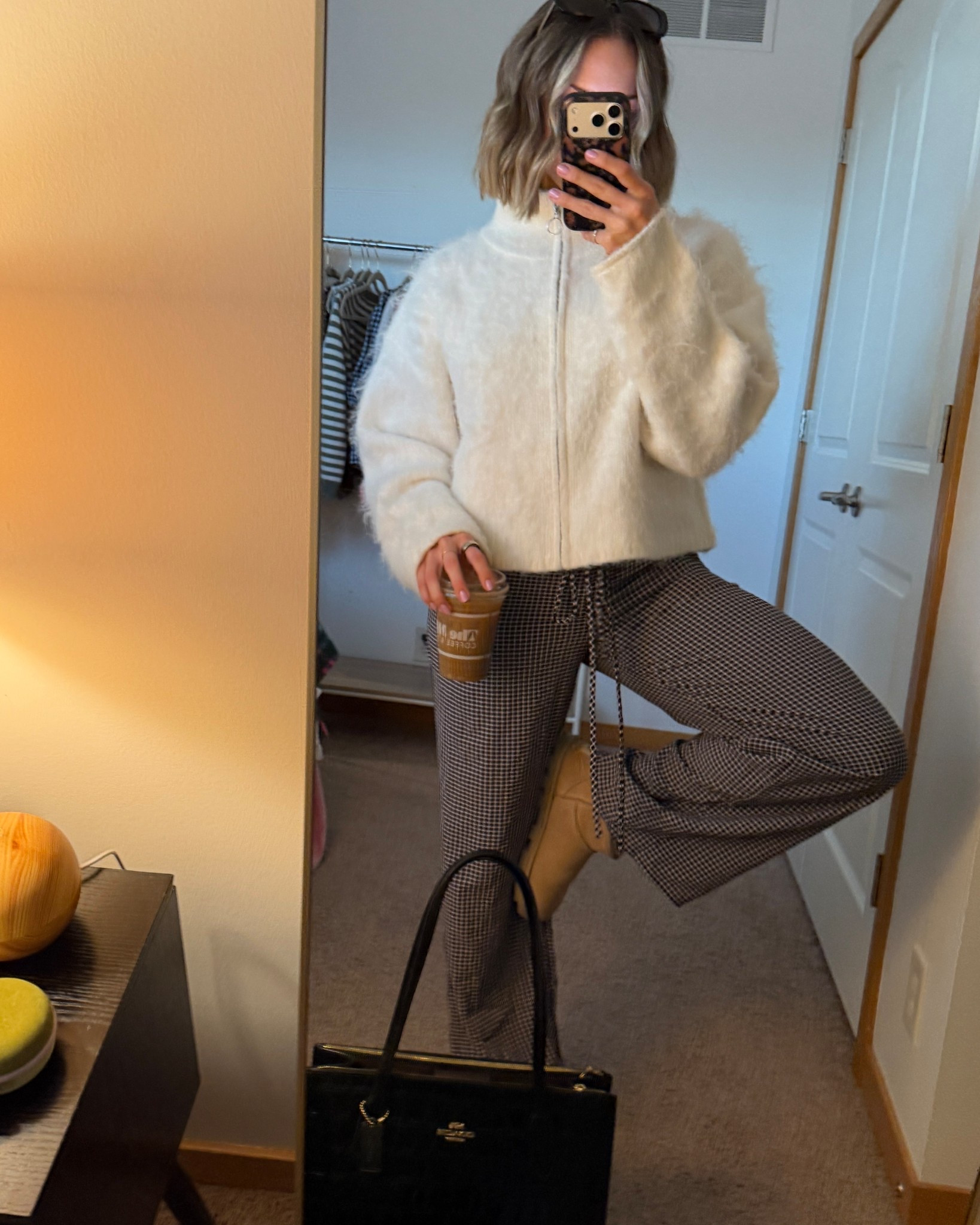 comfy cozy winter fit!☃️ Target Wild Fable Mock Neck Zip Up Sweater, Black Checkered Pants, Mini Uggs in Sand, Quay Sunglasses, Coach Work Bag; pants are https://shopellx.com/products/chloe-checkered-boxer-pant 

#LTKootd #LTKPetite #LTKSeasonal