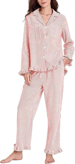 Flygo Womens Striped Pajama Sets 2 Piece Cotton Lounge Sets Button Down Top Straight Leg Pants wi... | Amazon (US)