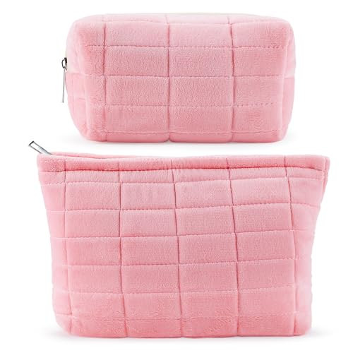 Plush Makeup Bag 2Pcs Checkered Cosmetic Bag Large Small Makeup Pouch for Purse Cute Pink Makeup Bag with Makeup Brush Holder Y2k Accessories Bag Travel Cosmetic Bag for Women Aesthetic Gift | Amazon (US)