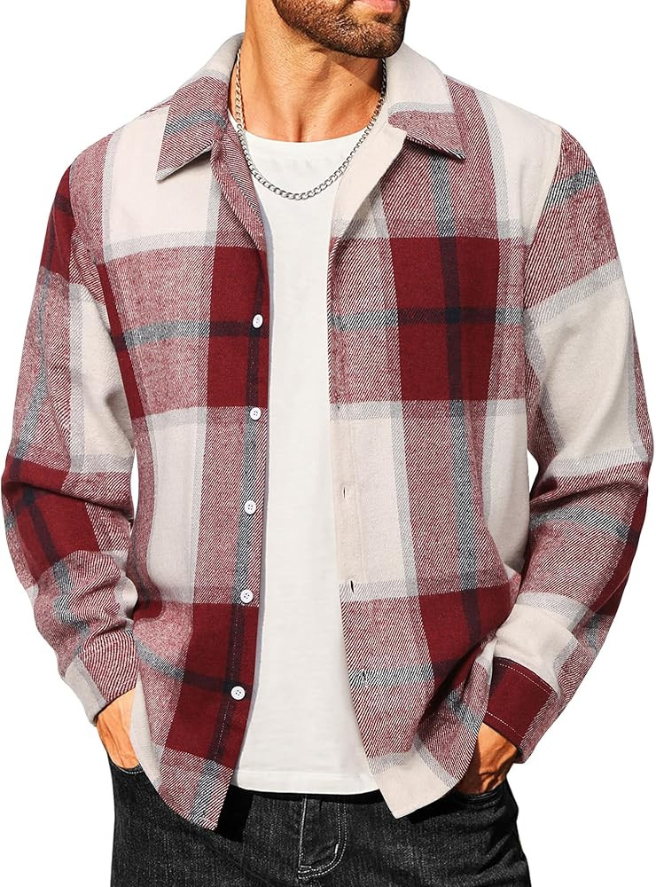 COOFANDY Men's Flannel Shirts Casual Button Down Plaid Shirt Jacket Long Sleeve Fleece Shacket | Amazon (US)