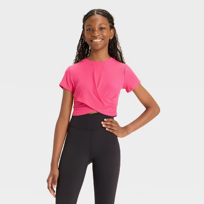 Girls' Twist Front Ribbed T-Shirt - All In Motion™ Berry Pink XXL | Target