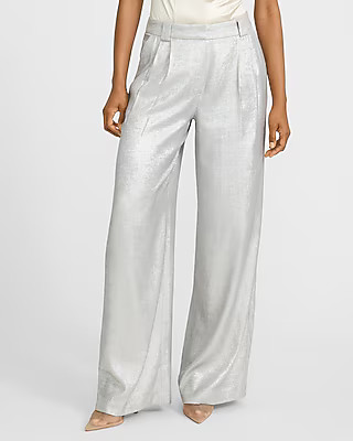 High Waisted Silver Metallic Relaxed Trouser | Express