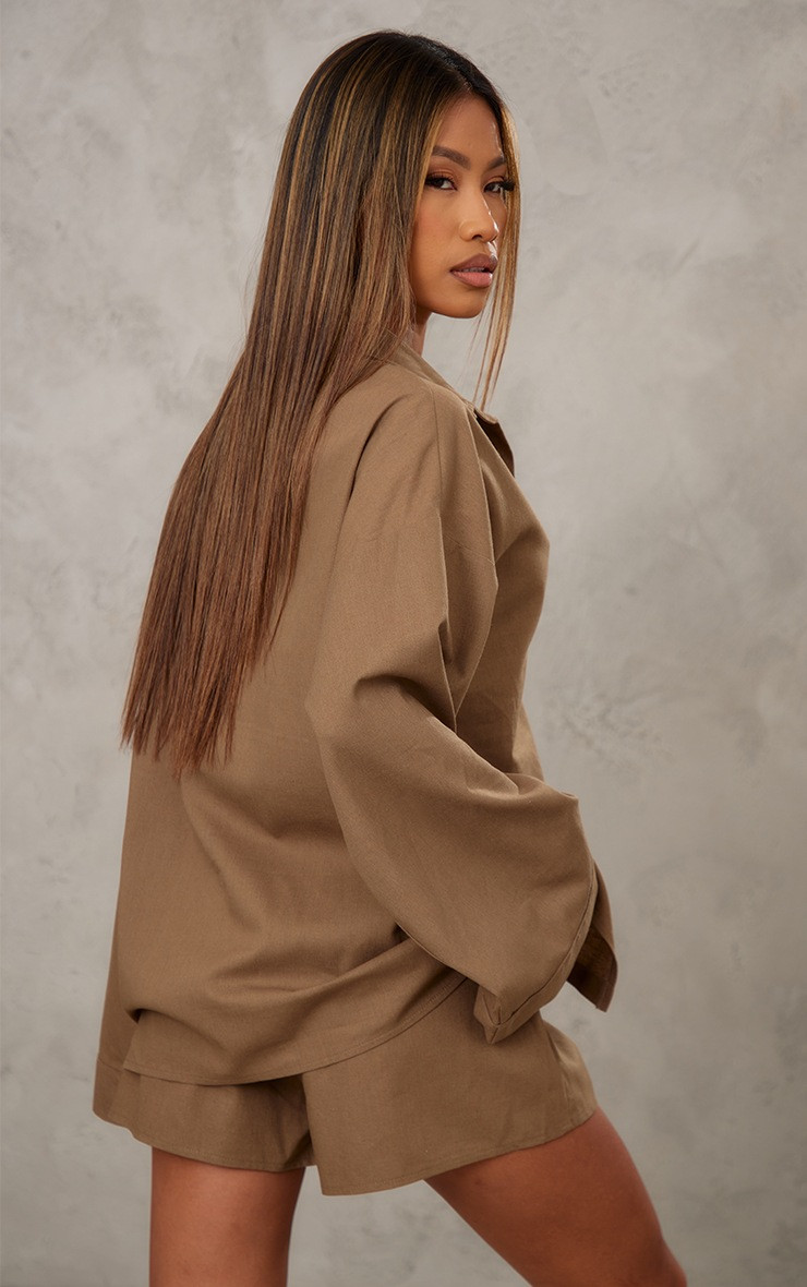 Khaki Woven Balloon Sleeve Oversized Shirt | PrettyLittleThing UK