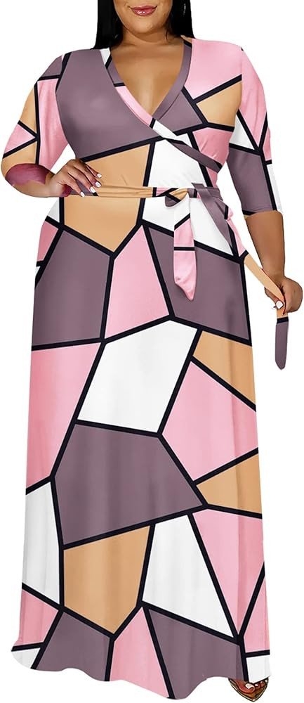 Runwind Plus Size Dresses for Women Floral Maxi Dress Flowy 3/4 Sleeve with Belt | Amazon (US)