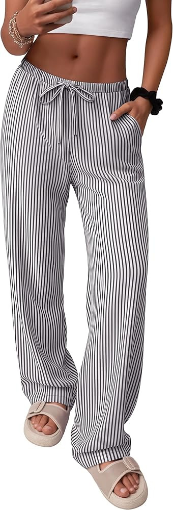 Women's Gingham Plaid Striped Pants Cotton Wide Leg Drawstring Trousers Elastic Waist Lounge Pock... | Amazon (US)