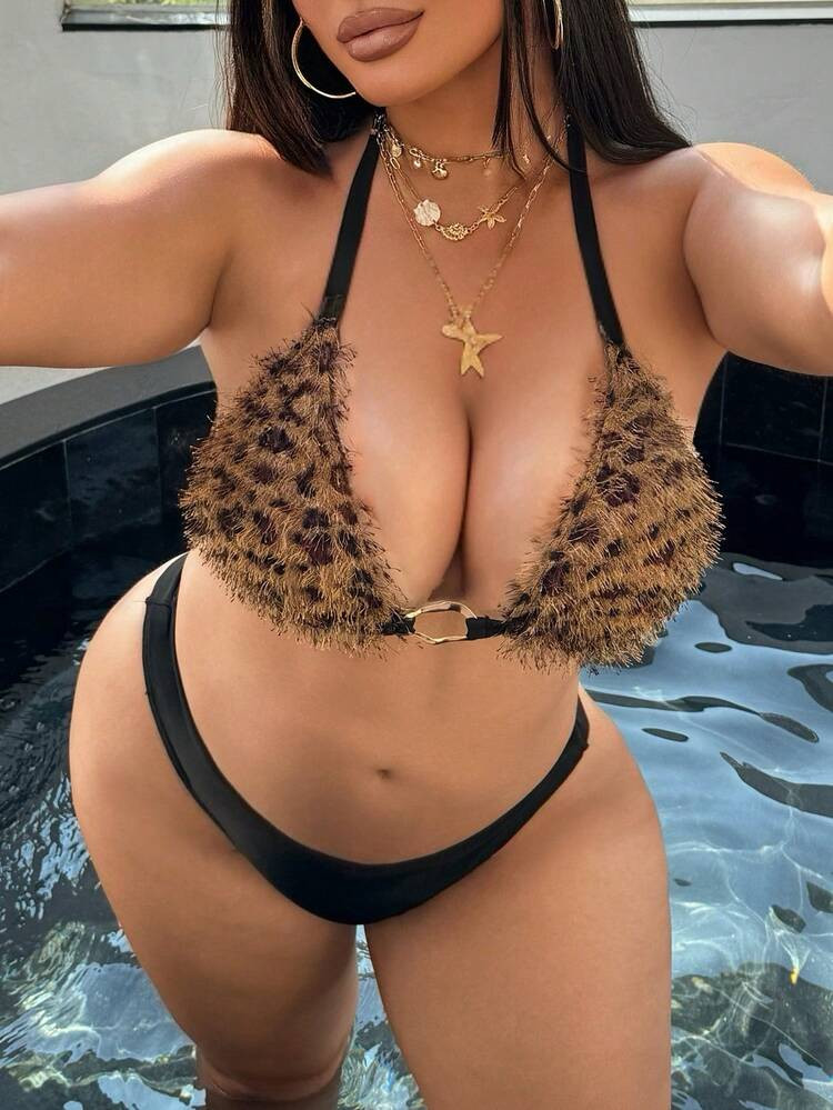 Cheetah furry bikini top | SHEIN