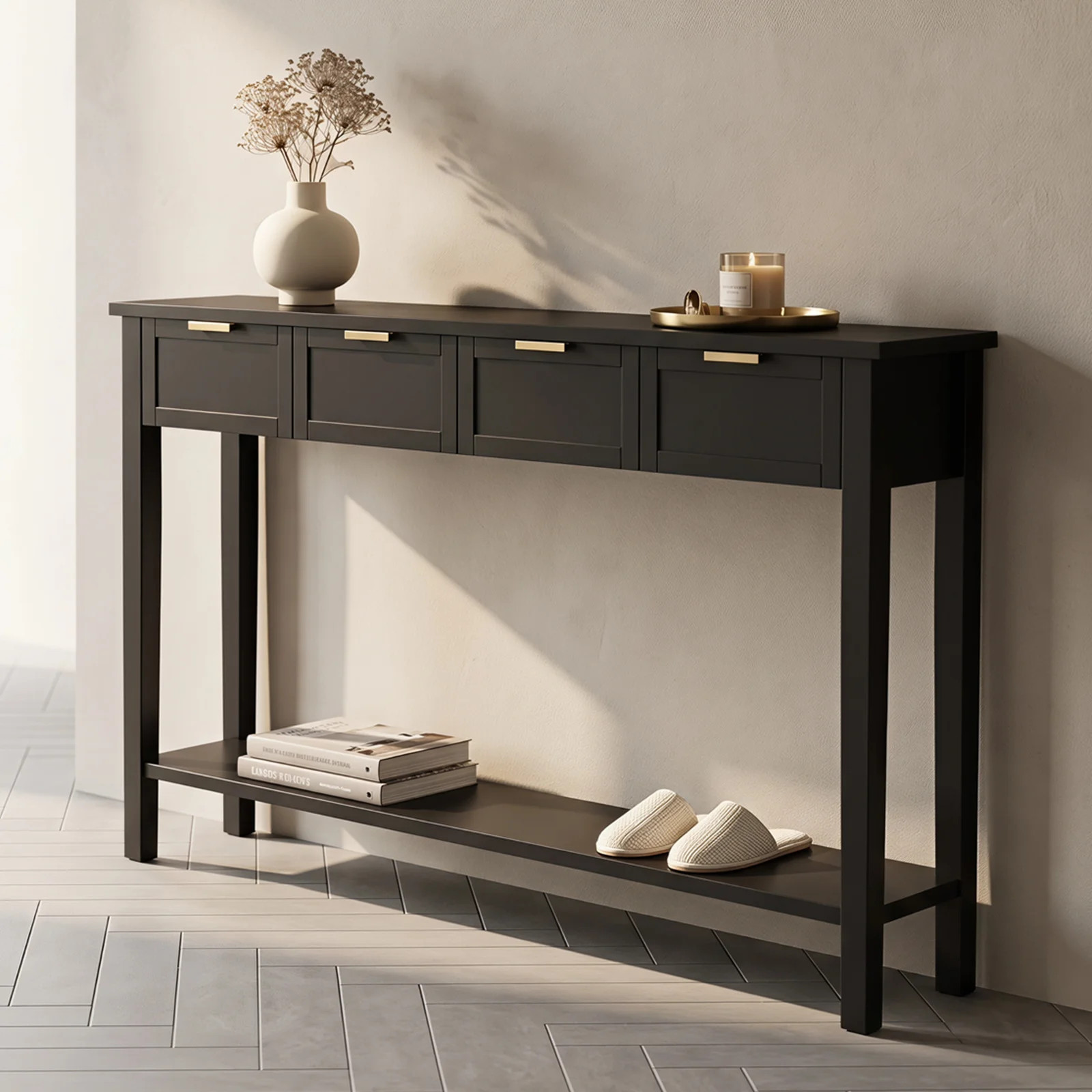 Long Sofa Table with 4 Drawers - Modern Black Console with 1 Shelf, 60" x 15" x 16" Wood Hallway ... | Wayfair North America