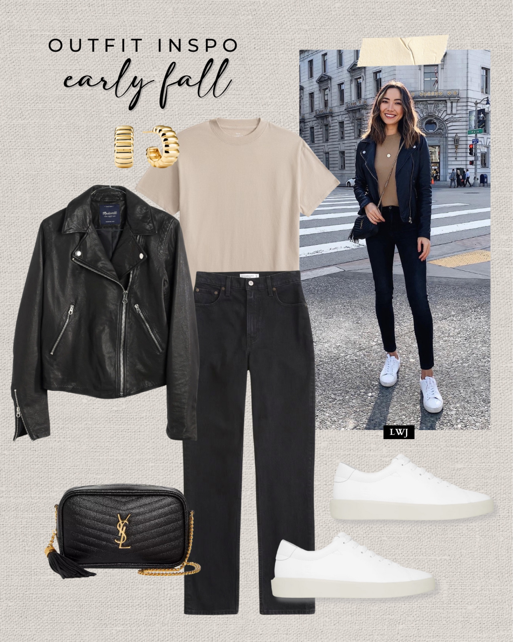 Early fall outfit styling a leather jacket 

My leather jacket is on sale for Madewell insiders + icons for 25% off

Casual chic / city style / beige tee / black straight ankle jeans / white sneakers / Ysl purse / gold earrings 

#LTKSaleAlert #LTKStyleTip