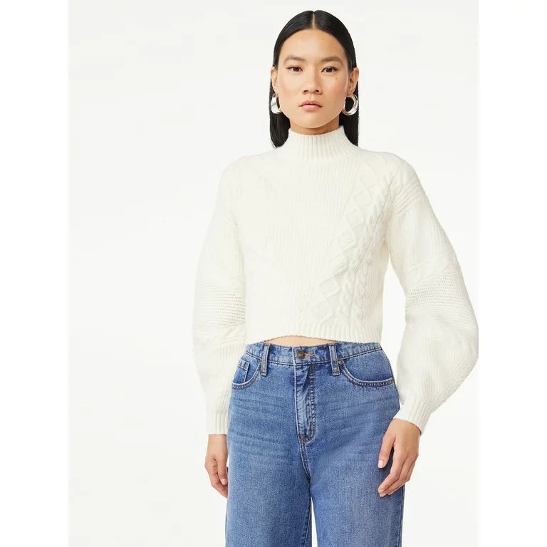 Scoop Women's Crop Cable Pullover Sweater with Long Sculpted Sleeves, Sizes XS-XXL - Walmart.com | Walmart (US)