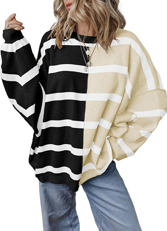 EVALESS Womens Striped Sweaters Long Sleeve Cable Knitted Color Block Casual Loose Lightweight Ov... | Amazon (US)