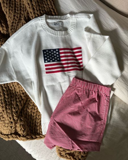 Cutest Fourth of July pieces just arrived, I am in love ❤️❤️❤️ did a size XL for the sweater to be super oversized! And a L for the boxer shorts since I’ll be postpartum 🥰

Hollister co, flag sweater, red checkered shorts, boxer short trend, trending, Fourth of July, Independence Day 

#LTKSeasonal #LTKfindsunder50