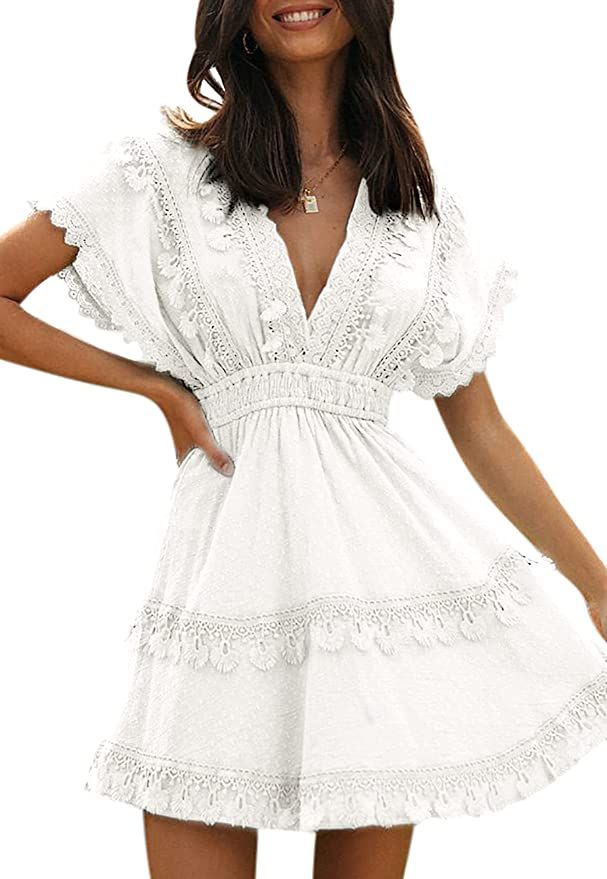 Vintagton Women's Summer Lace V Neck A Line Mini Dress Casual Swiss Dot Cap Sleeve Short Swing Su... | Amazon (US)