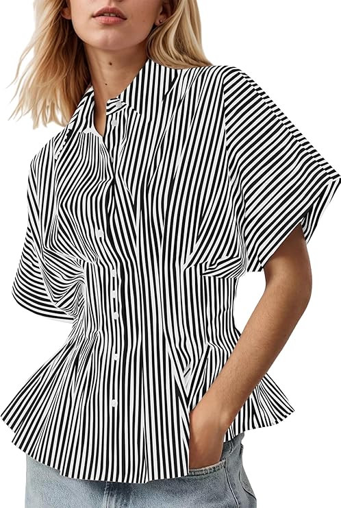 Womens Striped Shirts Button Down Short Sleeve Pleated Peplum Blouses Dressy Casual Lapel Tops Su... | Amazon (US)