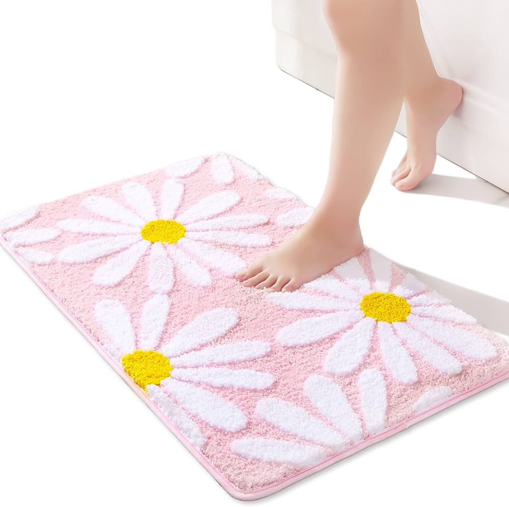 QJHOMO Pink Bathroom Rugs Cute Daisy Bath Mat White and Yellow Flower Decor Rug Non Slip Floor Ca... | Amazon (US)