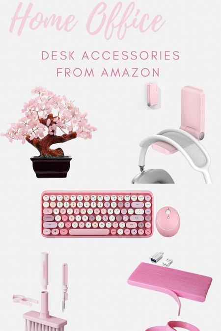 The cutest pink desk accessories from Amazon. 🩷🩷🩷
Rose quarts bonsai tree 
Wall mount headphone holder
USB keyboard and mouse
Keyboard brush
Reusable cable ties 

#LTKworkwear #LTKsalealert #LTKstyletip