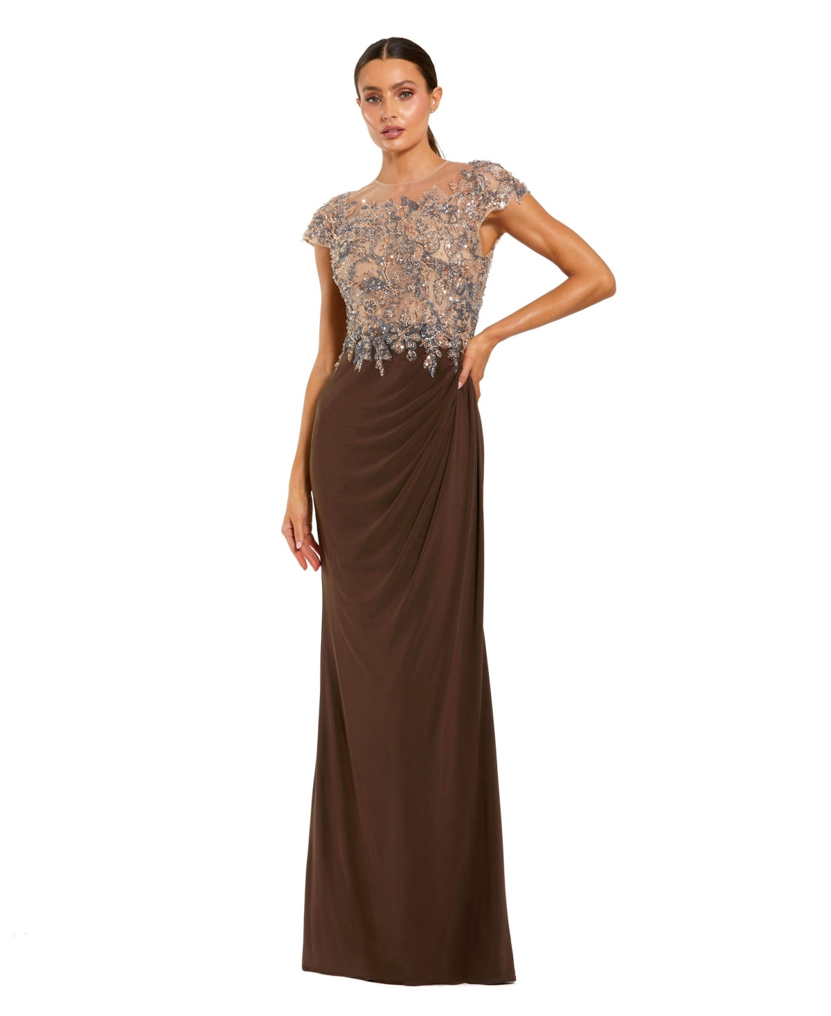 Mac Duggal Women's Crystal-Embellished Jersey Evening Gown with Sheer Bodice - Chocolate | Macy's