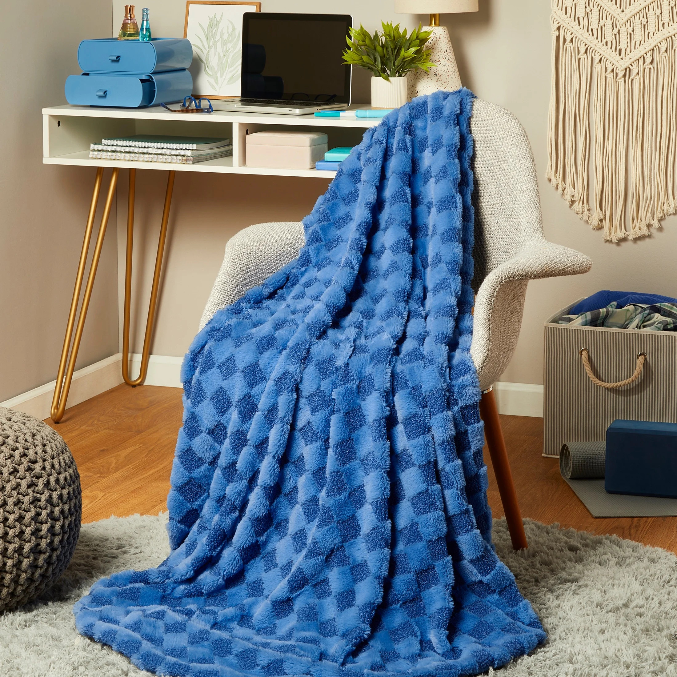 Mainstays By Becky G. & Alejandra Blue Checkered Faux Fur Throw, 50" X 60", Child/Adult | Walmart (US)