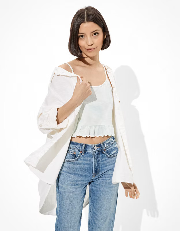 AE Oversized Button-Up Beach Shirt | American Eagle Outfitters (US & CA)