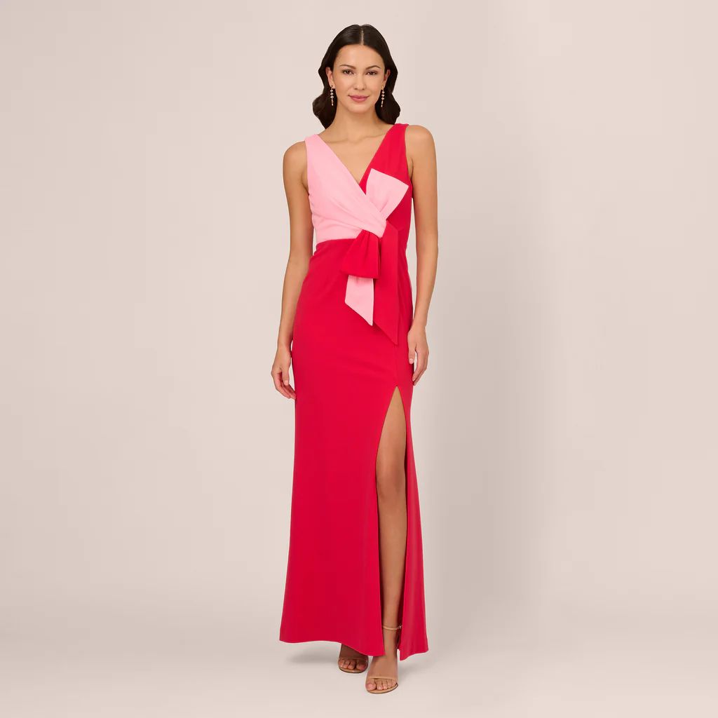 Two Tone Mermaid Gown With Large Bow Waist In Pink Red | Adrianna Papell
