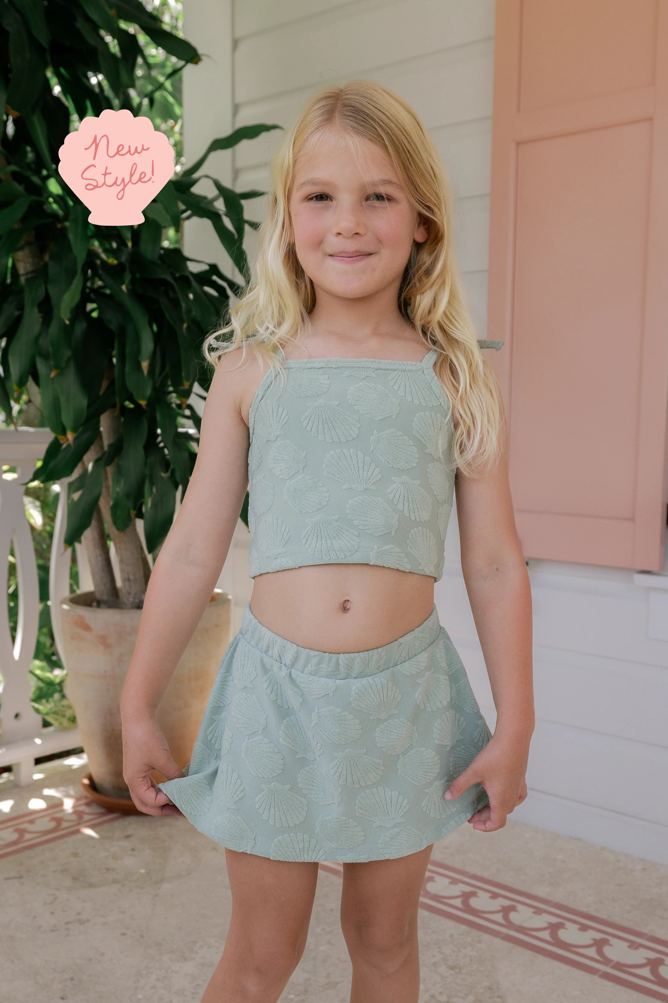 Green Seashell Terry Tank Skort Set | Girls Beach Vacation Outfit | In My Jammers | In My Jammers