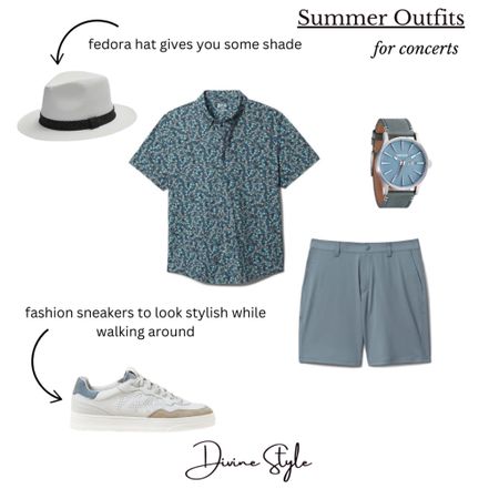 Look sharp at a summer concert guys wearing a lightweight performance button-down shirt and shorts to keep you cool in the heat while looking stylish. Pair with fashion sneakers and a light fedora.

#LTKStyleTip #LTKShoeCrush #LTKMens