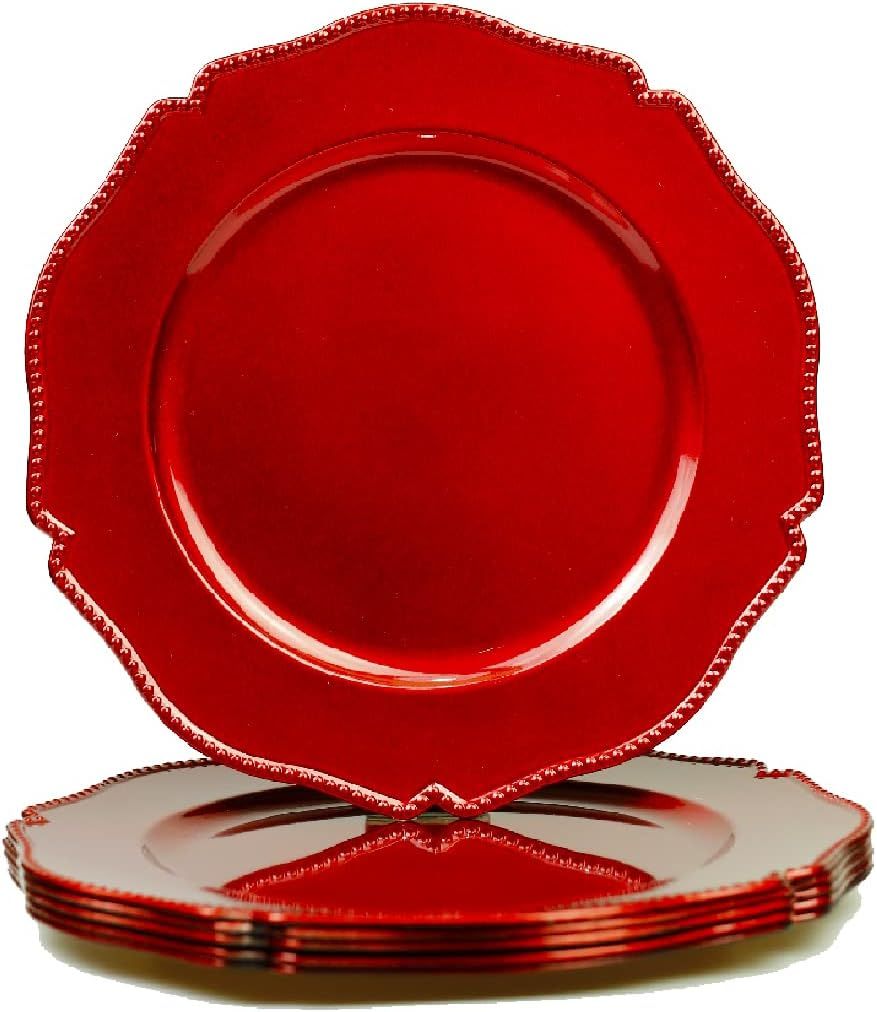 Umisriro Hot Red scalloped charger plates with beaded rim,13 inch plastic dinner chargers for wed... | Amazon (US)