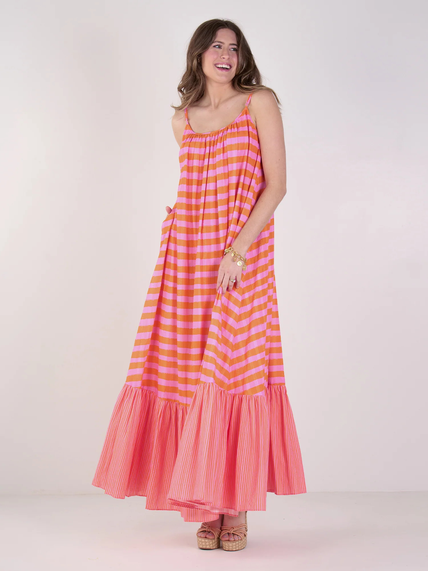Susannah Maxi in Coral Pink Stripe: Women's Designer Apparel | Emily McCarthy | Emily McCarthy