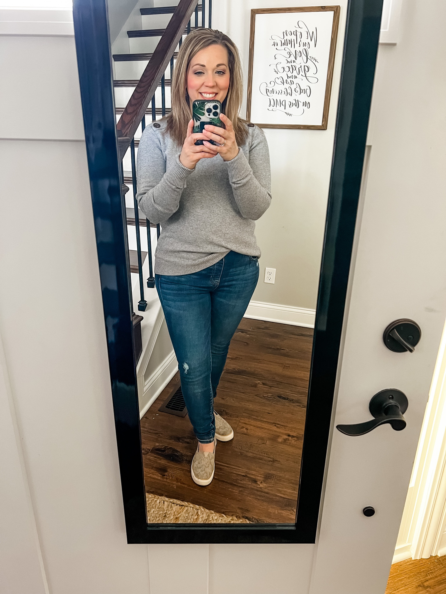I never thought I'd be wearing jeans and a sweater in May, but here we are! 😂 My favorite Liverpool jeans with small rips but still 'mom friendly' and Tom's slip-ons that everyone needs for summer!

#LTKstyletip #LTKunder100 #LTKcurves