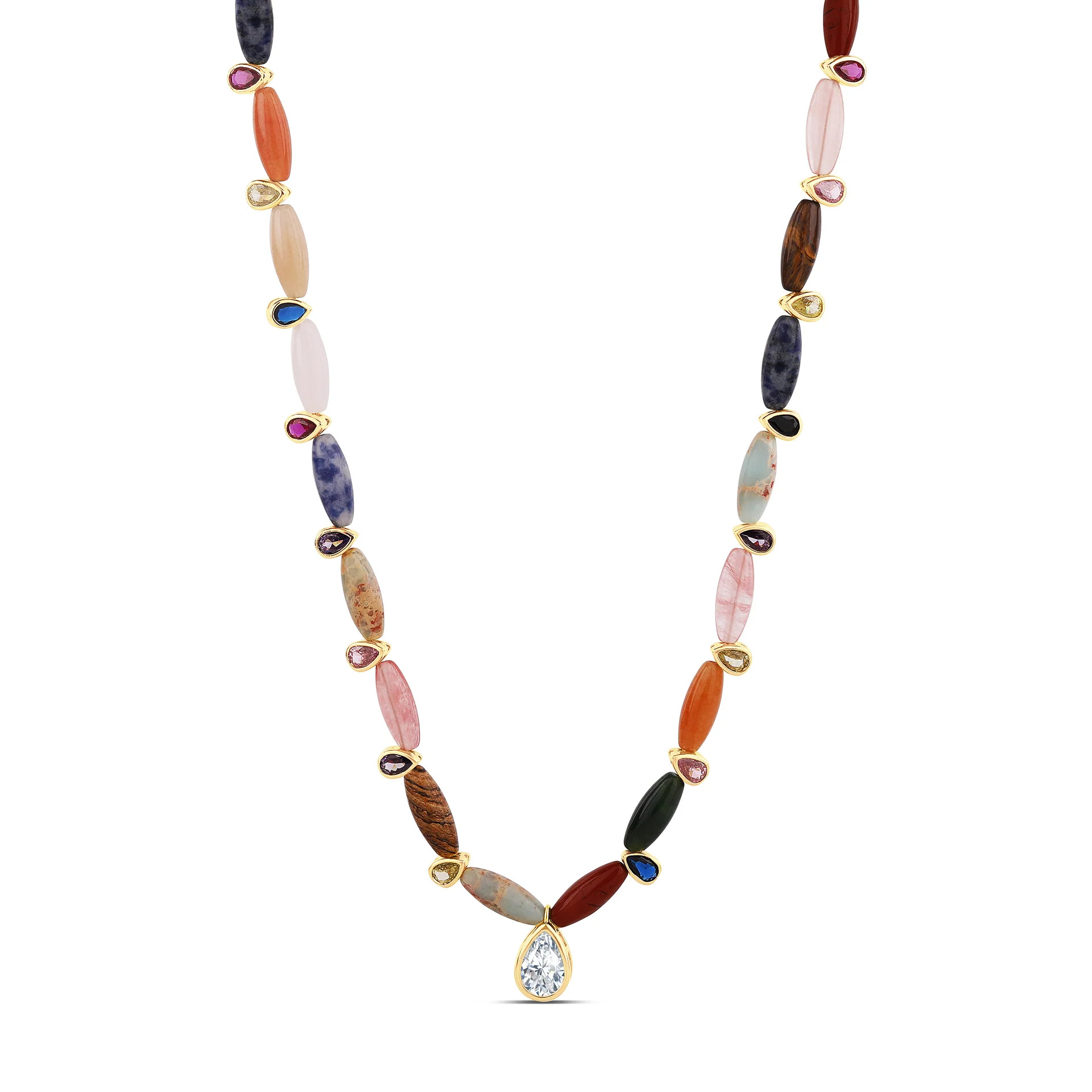 Rainbow Navette & Gem Drop Necklace | Hannah B Jewelry