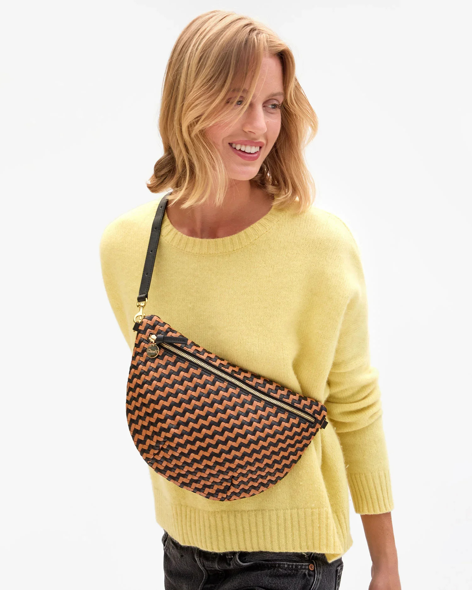 Clare V. Grande Fanny - Black/Natural Woven Zig-Zag | Ascot + Hart