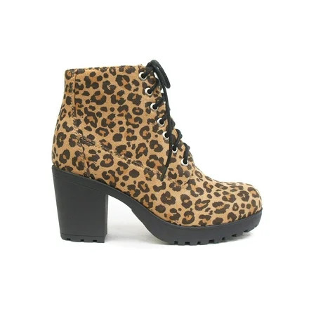 Second-S Cheetah Leopard Print Soda Women Ankle Combat Boots High Heels Lace Up Side Zipper Booties  | Walmart (US)